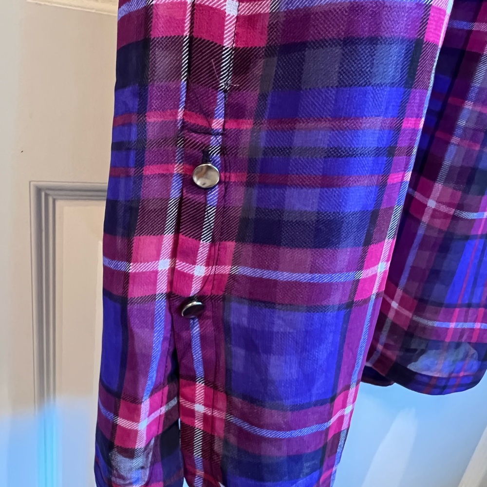 Adrianna Papell Plaid Drawstring Waist Dress Purple Blue Large 12 14 16 - Picture 6 of 14